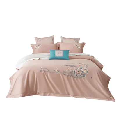 Decobites Pink Satin Jacquard Lotus Duvet Set 4Pcs Queen King Bedlinens