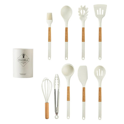 مجموعة أدوات طهي المطبخ المصنوعة من السيليكون من ديكوربايتس™، 10/13 قطعة - مقاومة للحرارة العالية، غير لاصقة، بمقبض خشبي