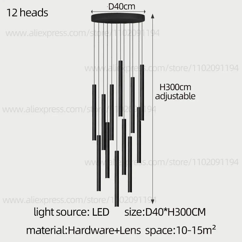DecorBites™ Cylindrical LED Staircase Chandelier Suspension Light - Modern Villa Water Pipe Fixture