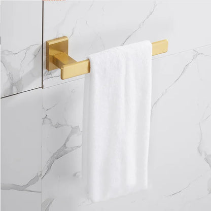 DecorBites™ Brushed Gold Bathroom Set: Shelf, Towel Rack, Holder, Toilet Brush - Bath Hardware
