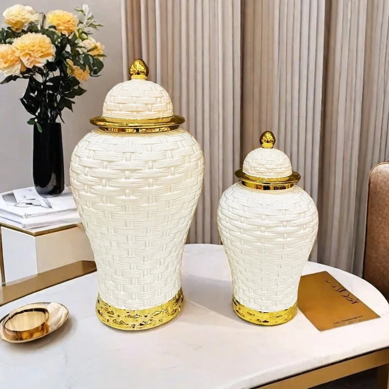 DecorBites™ Golden Flower Vase Ceramic Checkmate Jar Weave Pattern Home Decoration Accessories