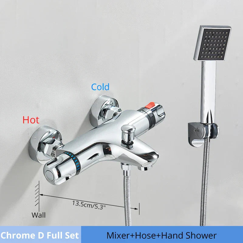 طقم دش ترموستاتي DecorBites™ أسود/كروم مع خلاط مثبت على الحائط من النحاس مع بخاخ