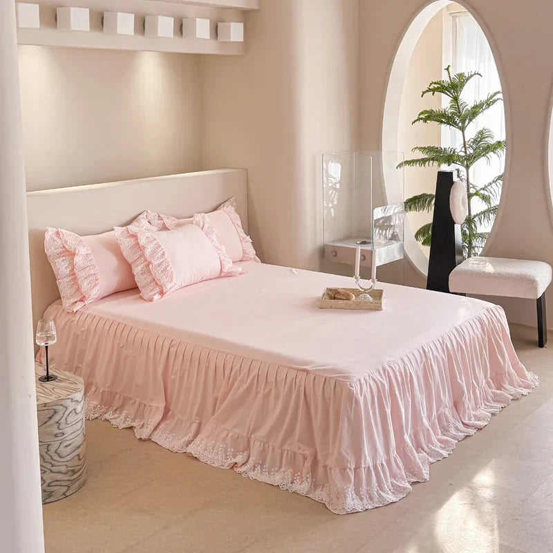 Decobites Pink Lace Ruffles Princess Style Cotton Bedding Set with Bed Skirt and Pillowcases