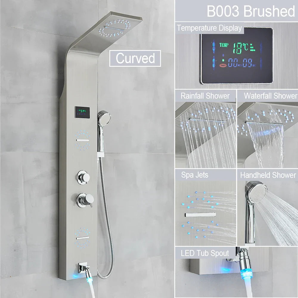 Sistema de grifería para ducha con luz LED DecorBites™: chorros de lluvia, chorros de masaje, panel de cascada con control de temperatura