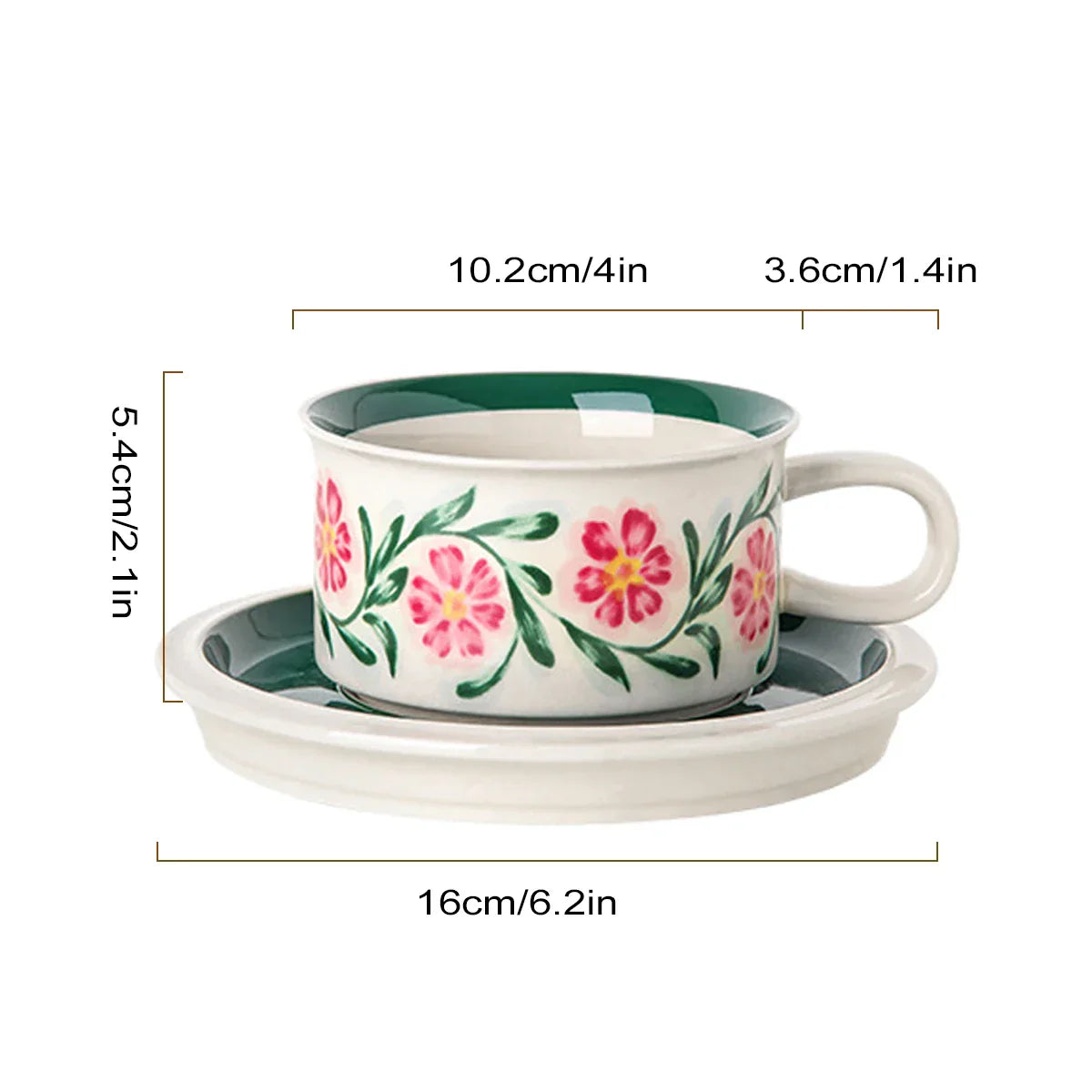 DecorBites™ Hand-Drawn Ceramic Espresso Cup with Saucer, 8oz Cappuccino Cups