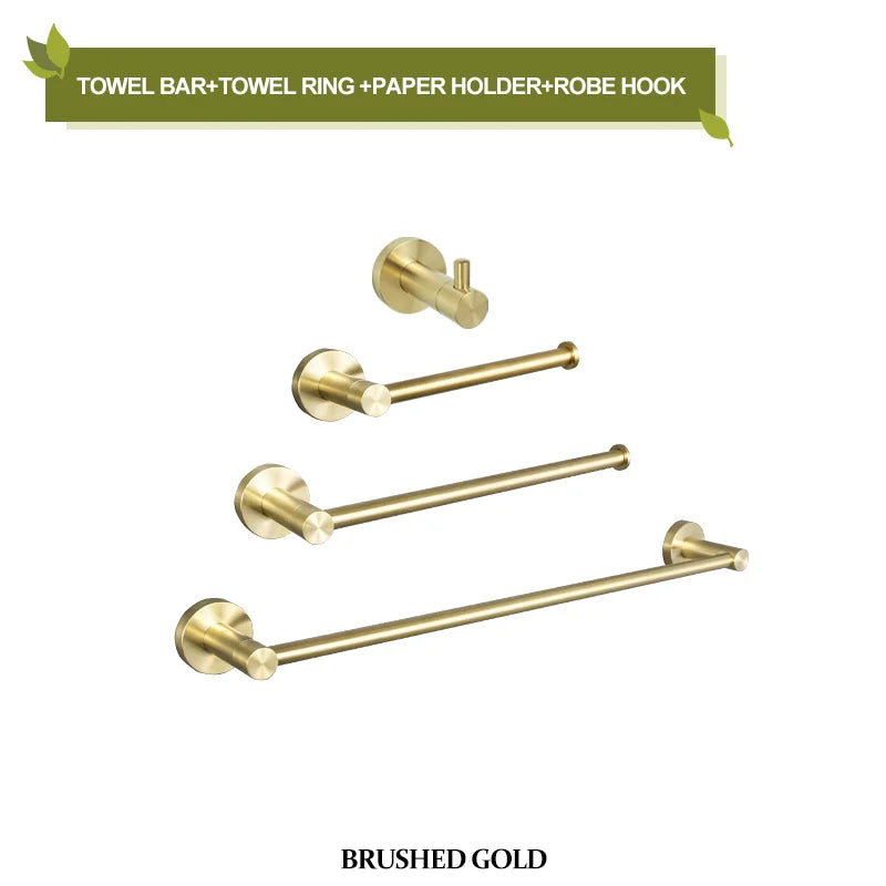 DecorBites™ Brushed Gold Bathroom Pendant Set: Toilet Brush Holder, Paper Holder, Towel Bar & More