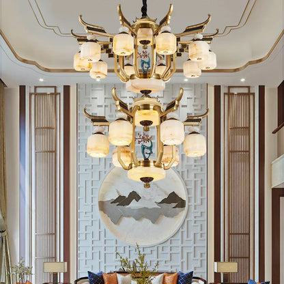 ثريا ديكوربايتس™ المصنوعة من النحاس بالكامل من اليشم لغرفة المعيشة أو غرفة الطعام في الفيلا - مصباح نحاسي مزدوج على الطراز الصيني