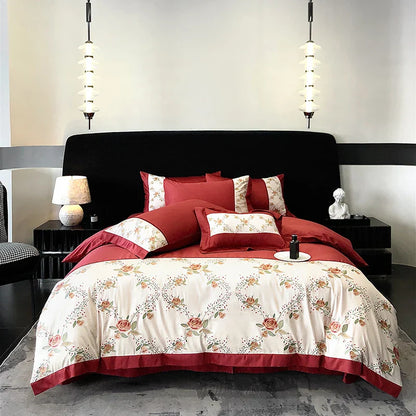 Decobites Luxury Rose Flowers Embroidery Bedding Set in Red