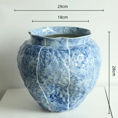 ديكوربايتس™ مزهرية خزفية زرقاء، حوض مائي، ديكور منزلي، مزهرية زهور