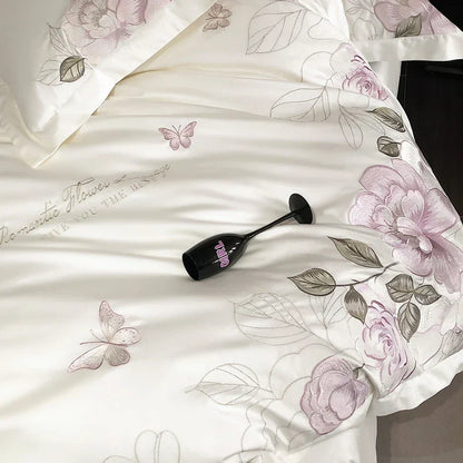 Decobites Butterfly Flowers Embroidery 600TC Egyptian Cotton Bedding Set: Duvet Cover, Bed Sheet, Pillowcases