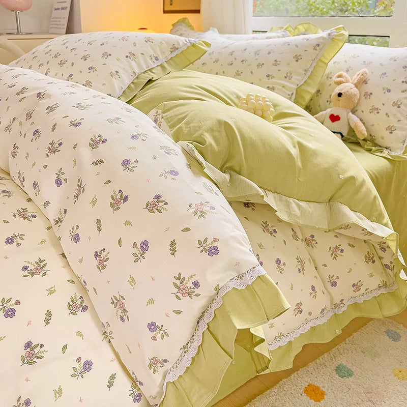 Decobites Floral Ruffles Bedding Set with Duvet Cover, Sheets, and Pillowcases