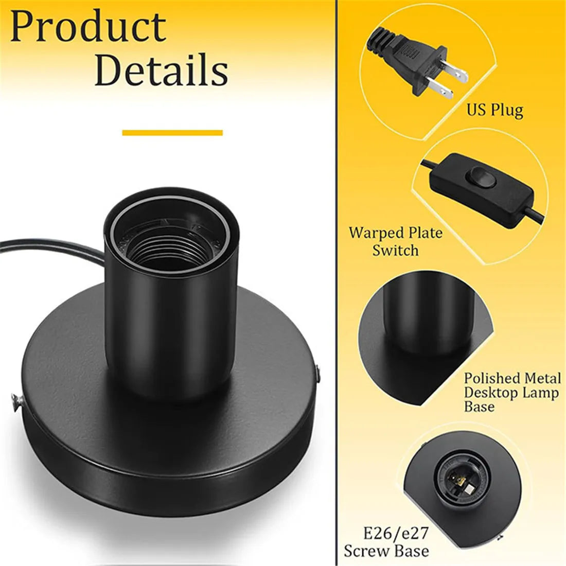 DecorBites™ Black Metal Lamp Base with Switch & Plug for E26 E27 Bulbs