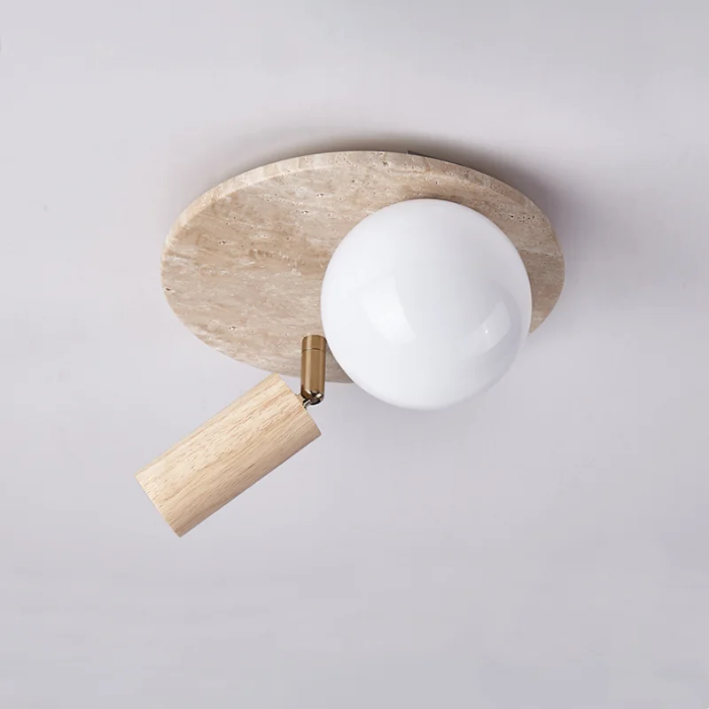 DecorBites™ LED Rotatable Ceiling Lamp White Glass Yellow Travertine Wood Nordic Modern