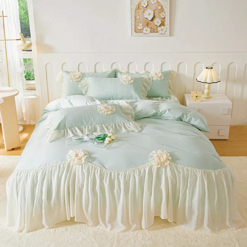 Decobites Princess Style Cotton Bedding Set with Flowers, Lace Ruffles, and Quilted Details