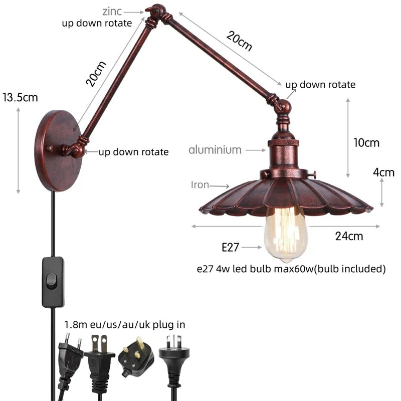 DecorBites™ Gold LED Industrial Wall Lamp with Pull Chain Switch