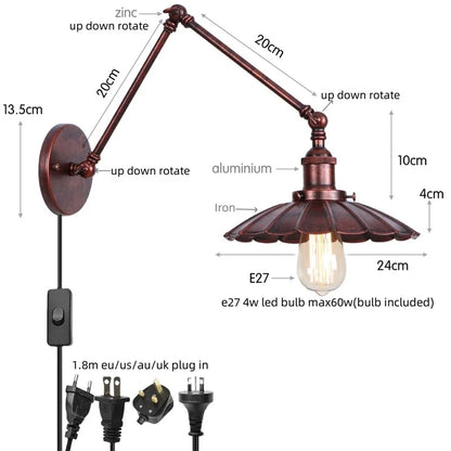 DecorBites™ Gold LED Industrial Wall Lamp with Pull Chain Switch
