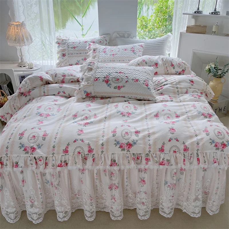 Decobites French Floral Print Bedding Set: Duvet Cover, Lace Ruffles, Quilted Embroidery, Pillowcases