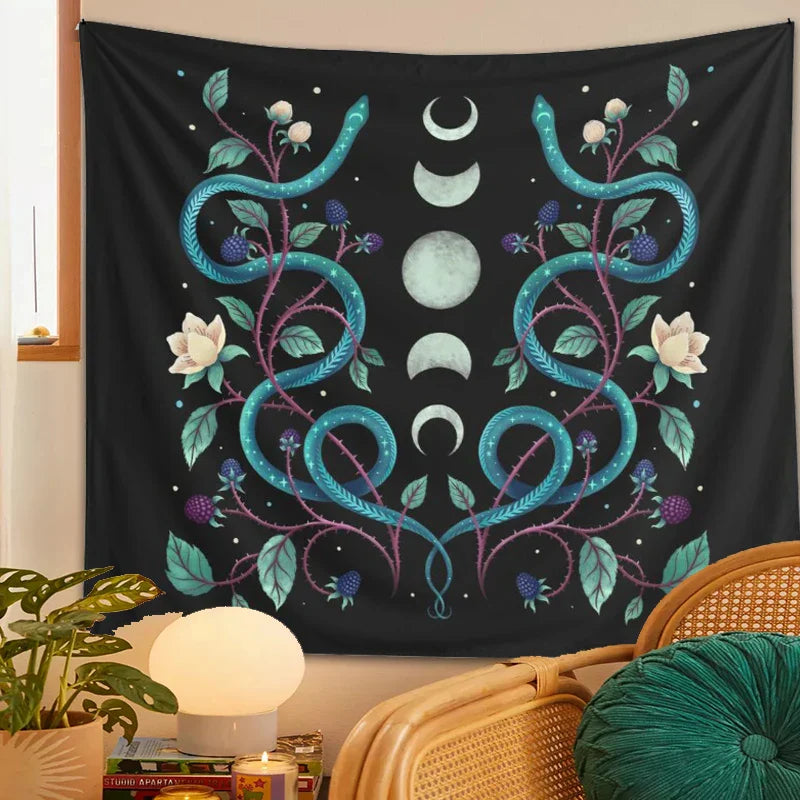 Decobites Serpent Moon Phase Tapestry: Aesthetic Psychedelic Wall Hanging for Home Decor