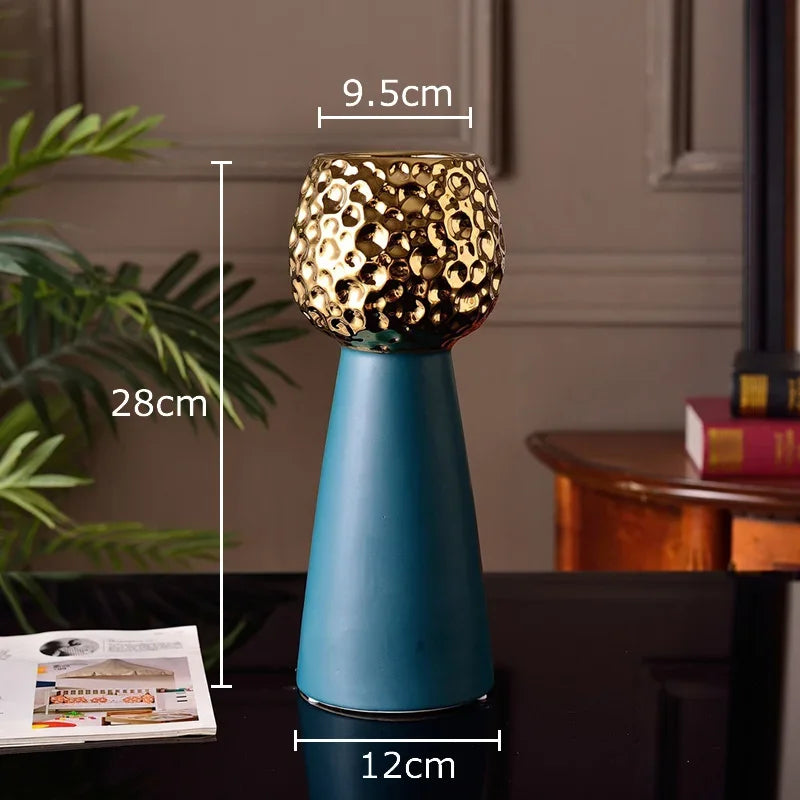 Jarrón de cerámica con patrón de martillo dorado Decorbites™: Maceta creativa para decoración de mesa y arreglo floral