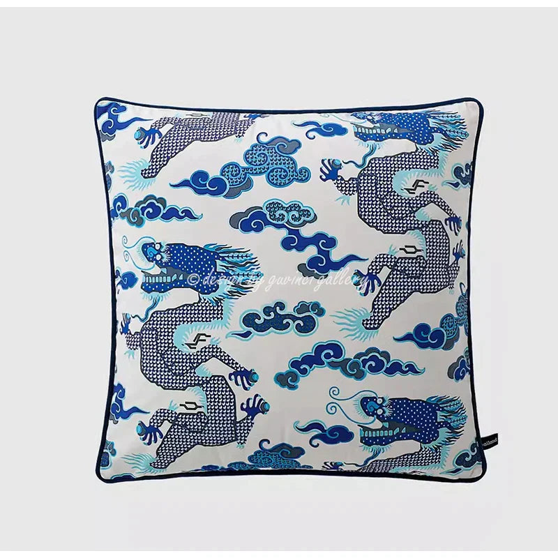 DecorBites™ Indigo Blue Dragon Velvet Pillow Cover 60x60cm Eclectic Style Home Decor