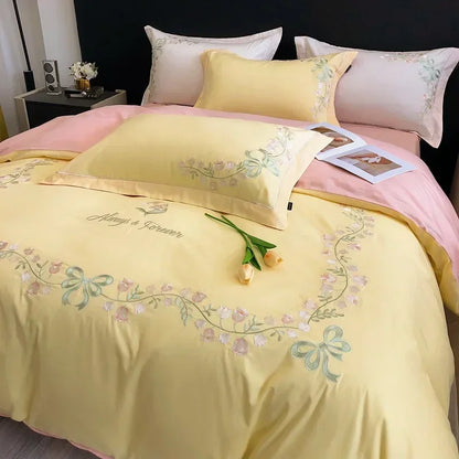 Decobites Flower Embroidery Cotton Duvet Cover Set, Queen/King Size Bedding Set with Sheets