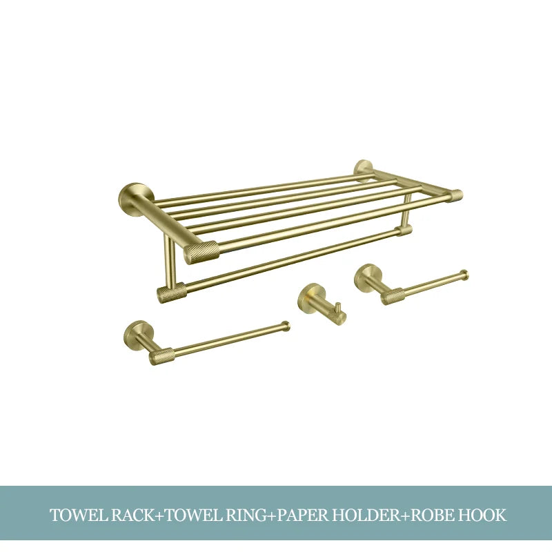 Conjunto de Hardware Decorbites™ Gold: Barra de Toallas, Soporte para Papel Higiénico, Gancho para Batas, Colgador de Tazas