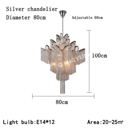 DecorBites™ Fringed Chandelier: Silver & Gold Aluminium Chain Pendant Light for Luxe Home & Hotel Decor