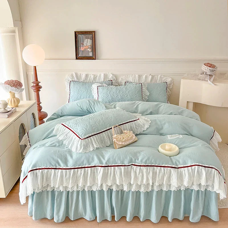 Decobites Lace Ruffles Bedding Set: 4pcs Solid Color Princess Quilt Cover, Bed Skirt, 100% Cotton Pillowcase