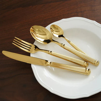DecorBites™ Golden Stainless Steel Flatware Set, 4Pcs Fork Knife Spoon Cutlery Kit.