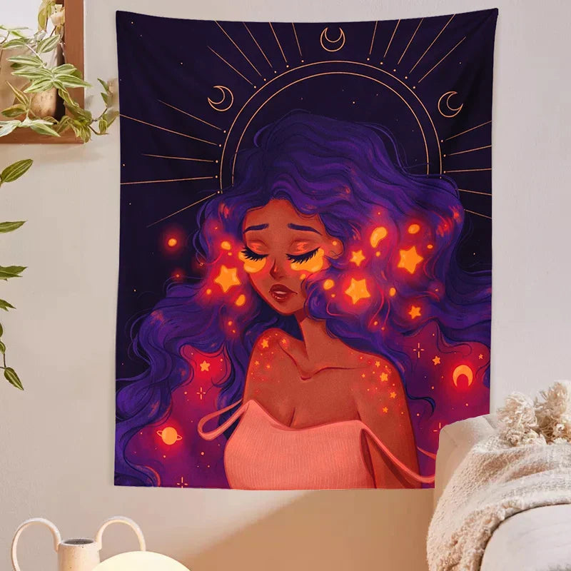 Decobites Moonlit Girl Tapestry: Luminous Sky Boho Wall Decor