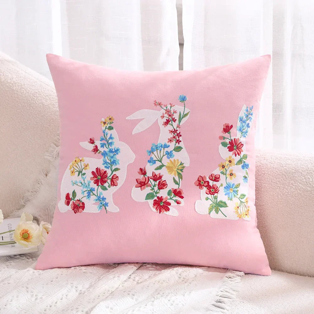 DecorBites™ Bunny Cushion Cover Pink White Floral Embroidered Easter Home Sofa Decoration