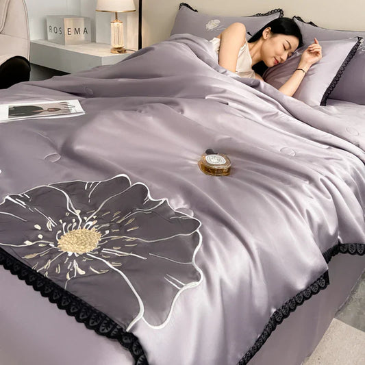 Decobites Luxe Flower Embroidered Cool Quilt Set - Lightweight, Silky, High-End Comfort