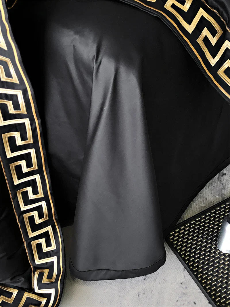 DecorBites™ Gold Embroidery Duvet Set, Black Egyptian Cotton Bedding, 1000TC, Double King Queen