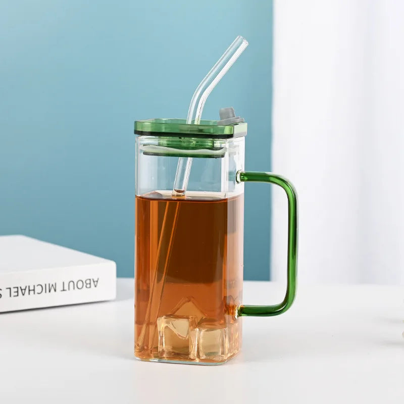 Decorbites™ Glas-Trinkbecher mit Trinkhalm und Acryl-Deckel, farbiger Griff für Getränke