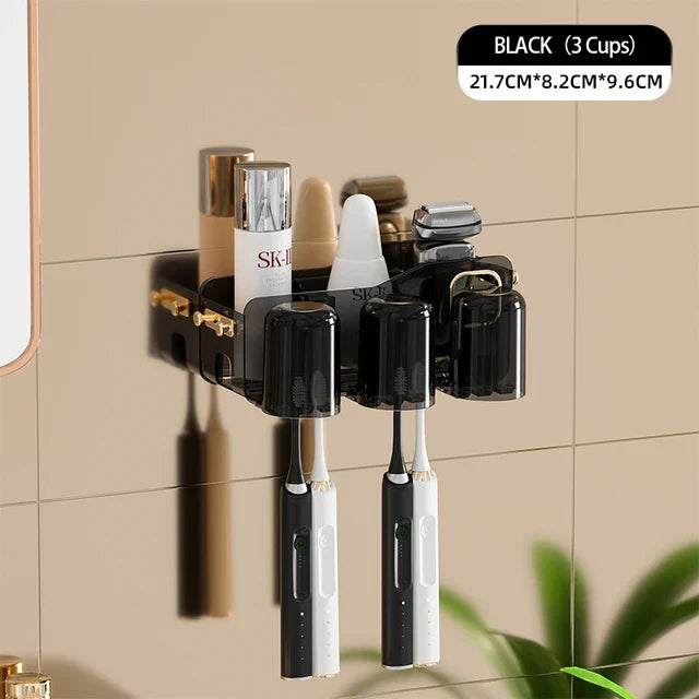 DecorBites™ Inverted Toothbrush Holder with Automatic Toothpaste Squeezer & Makeup Storage Rack