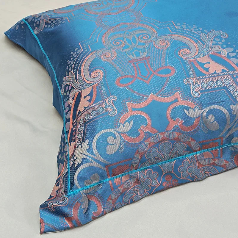 Decobites Blue Satin Jacquard Queen Duvet Cover Set with Sheet & Pillowcases