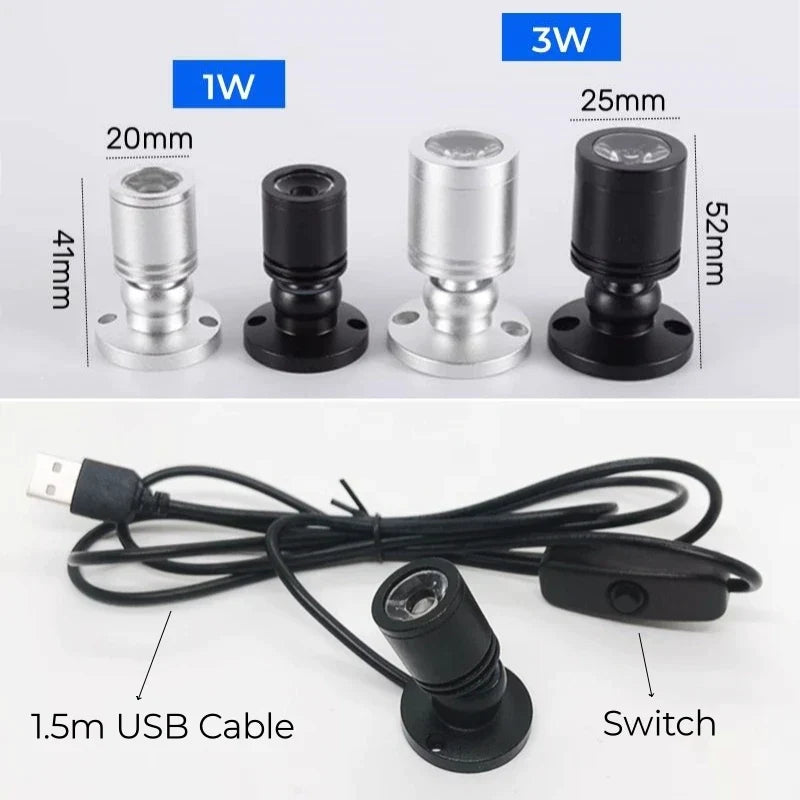 DecorBites™ LED Spotlight 1W/3W DC5V Cabinet Shelf Showcase Ceiling Lights Switch