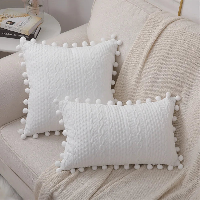 Funda de cojín de algodón con pompón de encaje Decorbites™, 50x50 cm, Bolas blancas, Funda suave para asiento, Decoración del hogar