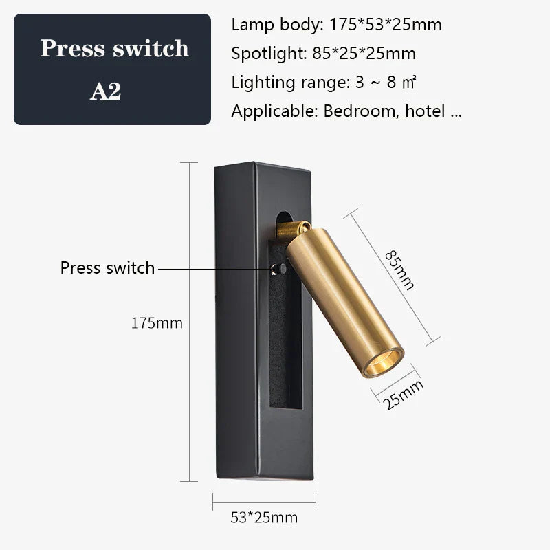 DecorBites™ Black Brass Wall Sconce with USB Port and Switch, 3W Spotlight for Bedroom