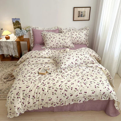 Decobites Floral Lace Ruffle Bedding Set, Fresh Flower Single Duvet Cover, 100% Cotton