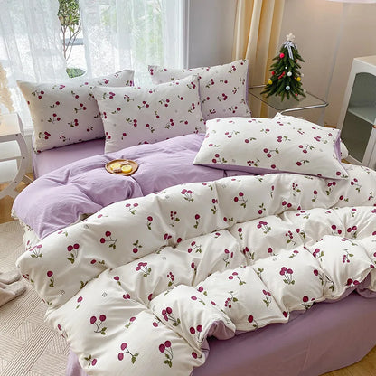 Decobites Cartoon Heart Plant Floral Print 3Pcs Set (Duvet Cover + Pillowcases)