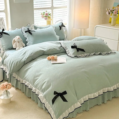 DecorBites™ Lace Bow Bed Skirt Bedding Set in Romantic Solid Color for King Queen Double Sizes