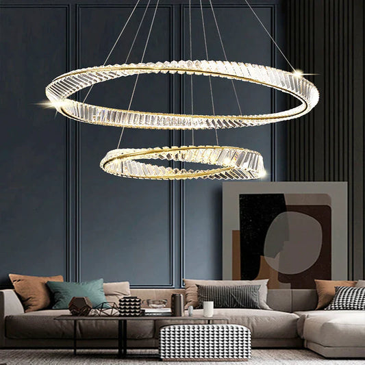 DecorBites™ Gold Steel Rings Crystal Pendant Light