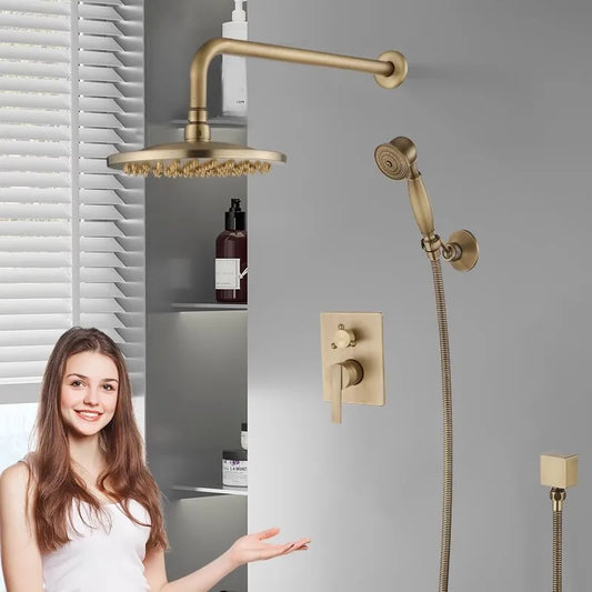 DecorBites™ Antique Brass Shower Faucet Set with 10 Inch Round Head - Bathroom Wall Kit