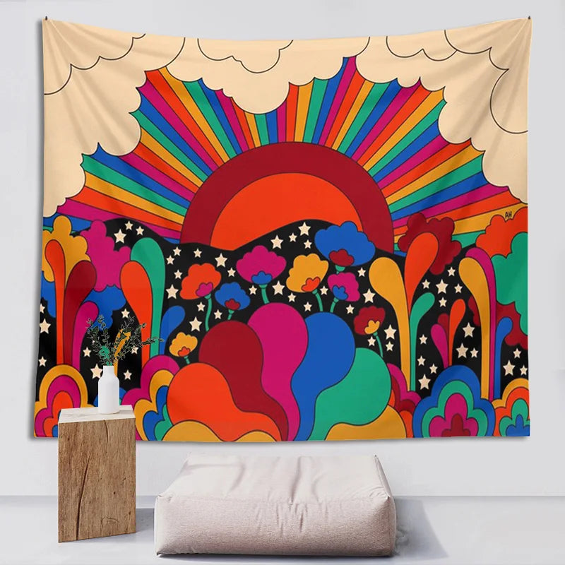 Decobites Retro Floral Sun Rainbow Tapestry Wall Hanging - Psychedelic Vintage Dorm Decor