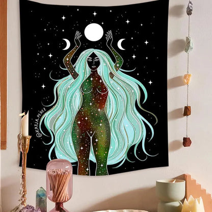 Moon Phase Rainbow Girl Tapestry for Decobites Home Decor