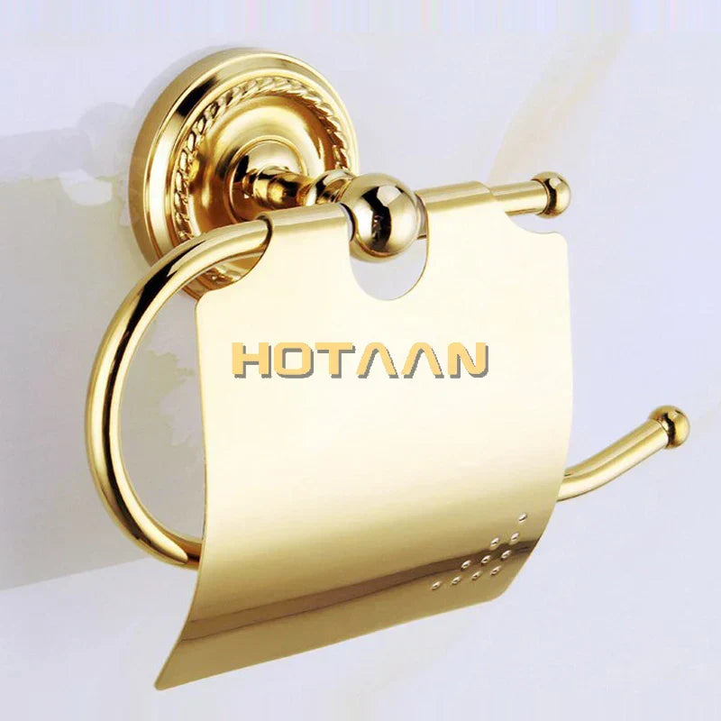 DecorBites™ Gold Brass Bathroom Accessories Set: Robe Hook, Paper Holder, Towel Bar, Towel Ring