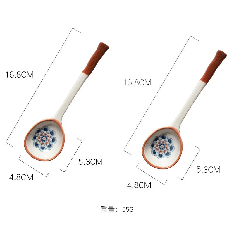 DecorBites™ Japanese Vine Ceramic Spoon Set - Ins Wind Hand-painted Long Handle Dessert Spoons