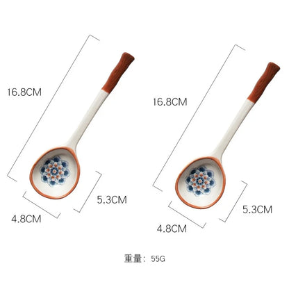 DecorBites™ Japanese Vine Ceramic Spoon Set - Ins Wind Hand-painted Long Handle Dessert Spoons