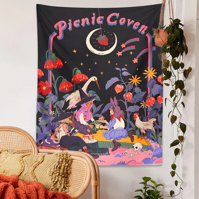 Decobites Psychedelic Forest Tapestry Wall Hanging: Magical Fairy Tale Mushroom Moon Fantasy